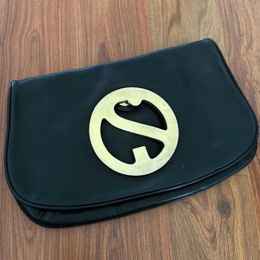 Susan Gail black leather clutch with gold hardware
